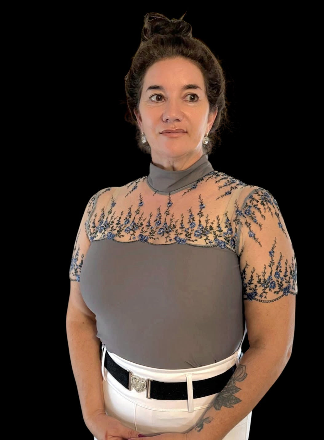 AUSTRALIAN MADE Grey or NAVY BLUE short sleeve floral lace equestrian shirt with lace chest … The CALLIE. Made to order